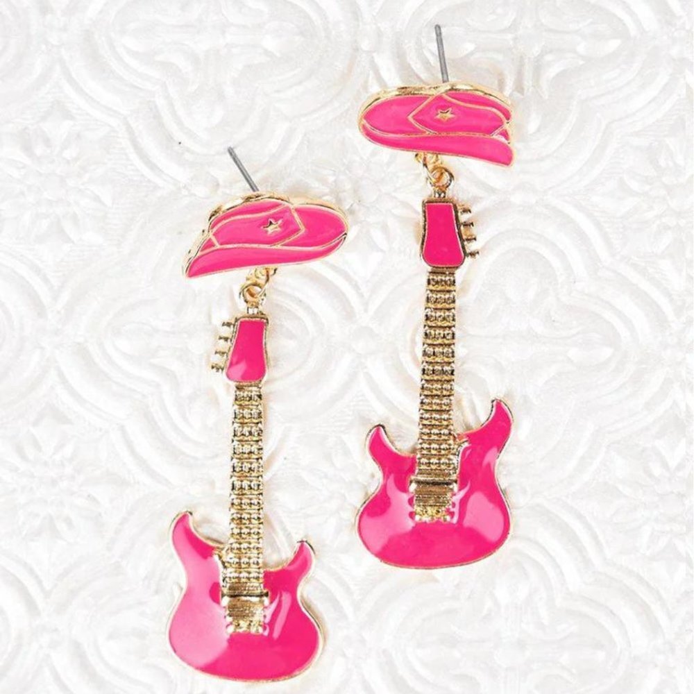 CRYSTAL‎ AVENUE Pink Rock & Roll Cowgirl Guitar Earrings NWT